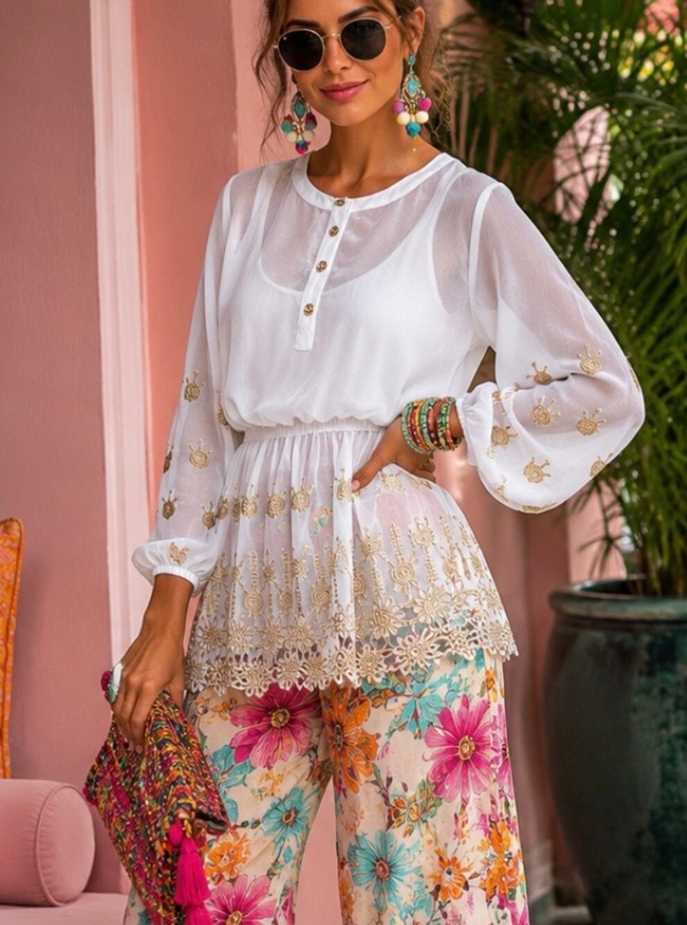 Ces femme sheer white blouse top embroidered gold floral peplum boho coquette S